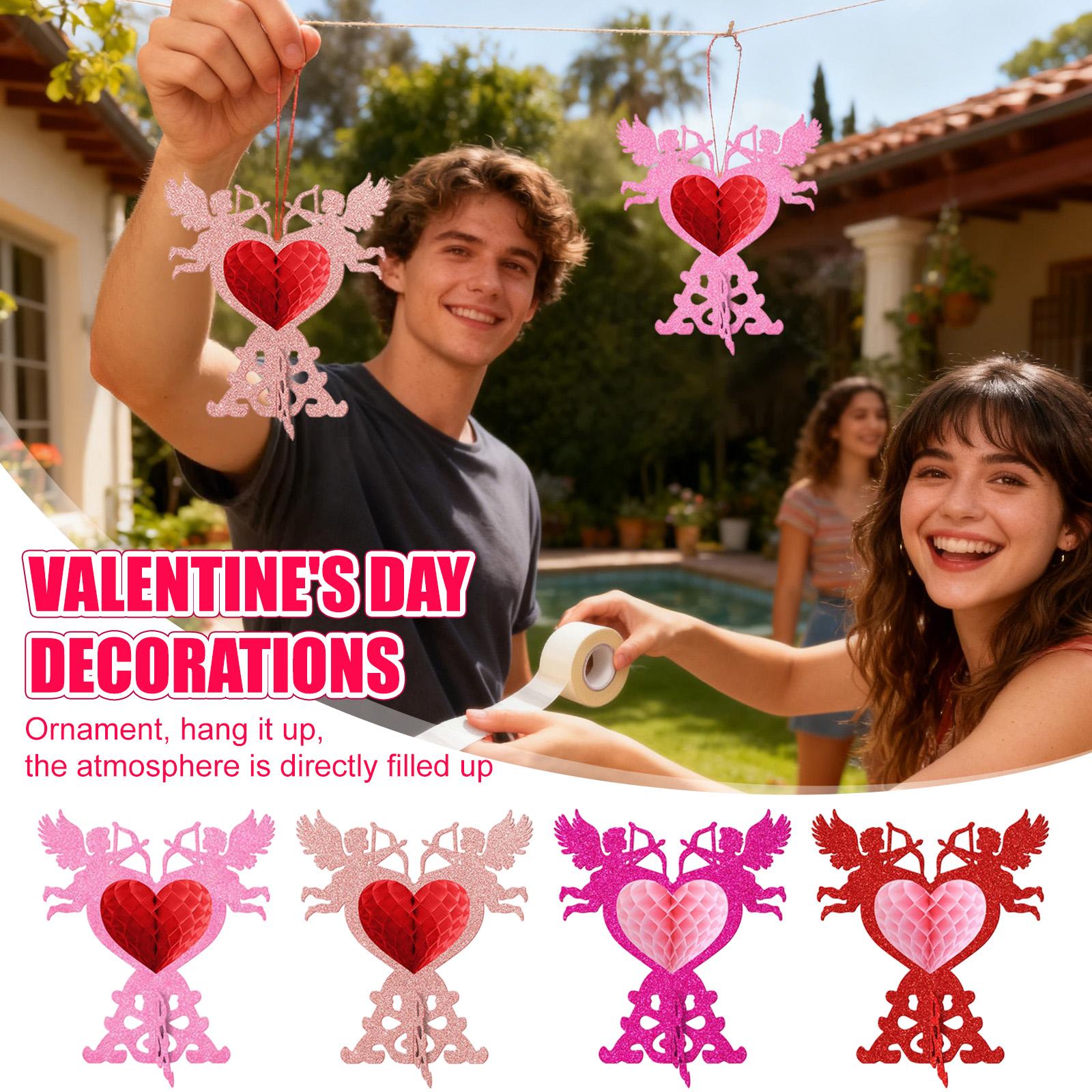 

4pc Valentine s Day Honeycomb Center Ornament, Heart Shaped Red And Wedding Anniversary Ornament. One Size