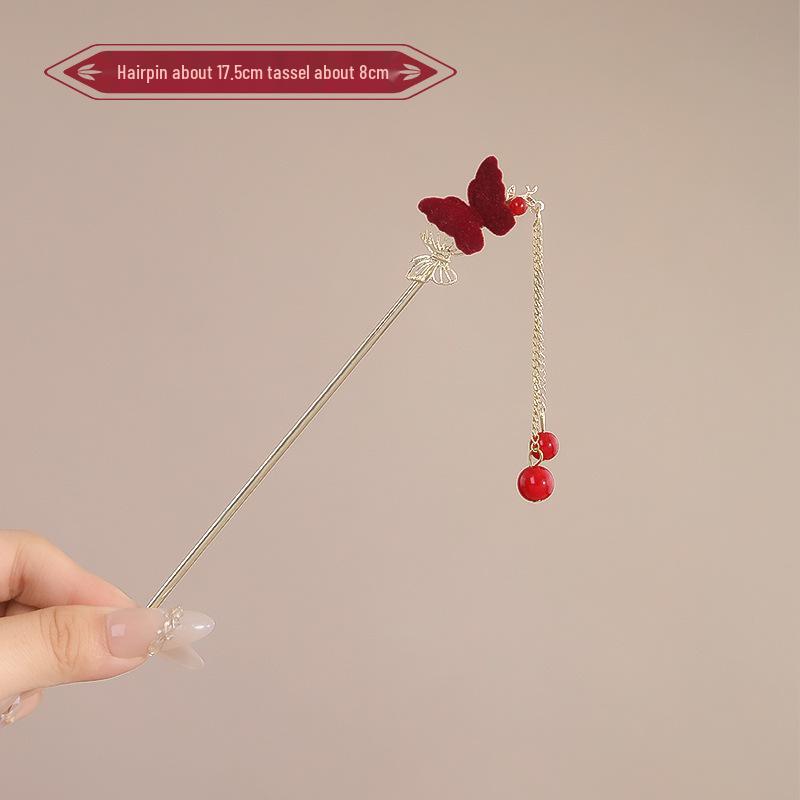 Elegant Red Rose Tassel Hairpin - U-shaped Hair Accessory for Women, Perfect for Updos and Traditional Attire.