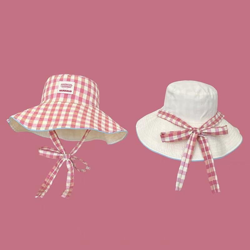 1Pcs Double-sided Plaid Wide-edged Lace-up Bucket Hat Summer Outdoor Versatile Sunscreen Sweet Mountaineering Hat