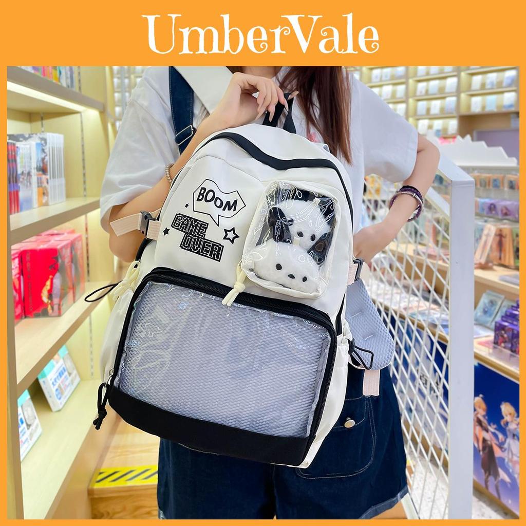 School Backpack Large Capacity Student Nylon With Letter Print And Transparent Layer Design For School Use