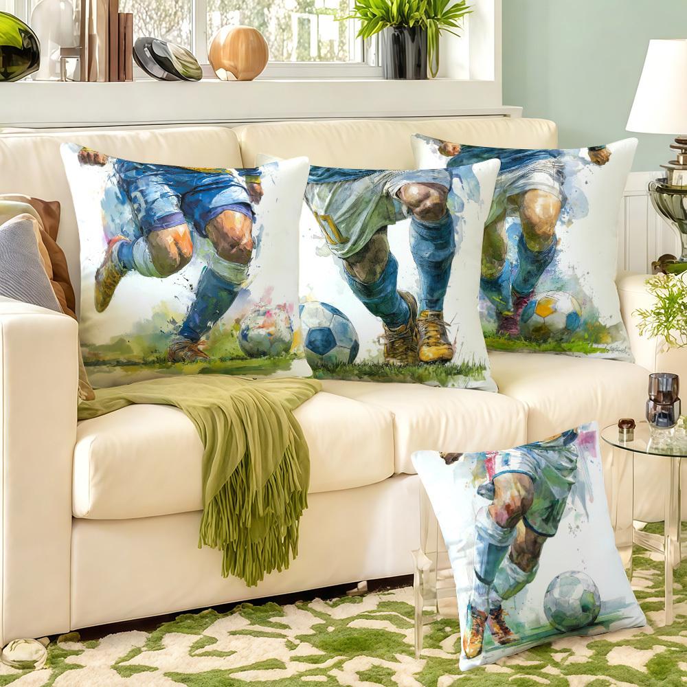 4Pcs Double-Sided Printed Throw Pillow Covers, Football Action Kick Print Cushion Cases, Sports Fan Home Decor For Living Room