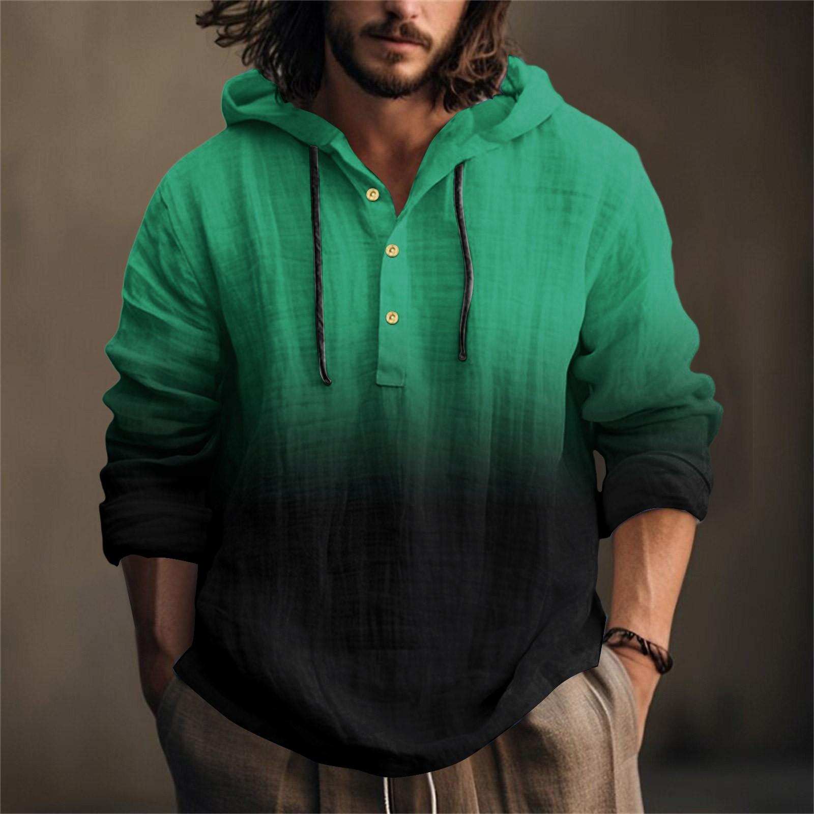

Чоловіча бавовняна та лляна сорочка з принтом, з капюшоном, з довгими рукавами, з капюшоном, весняно-літня, повсякденний одяг S зелений