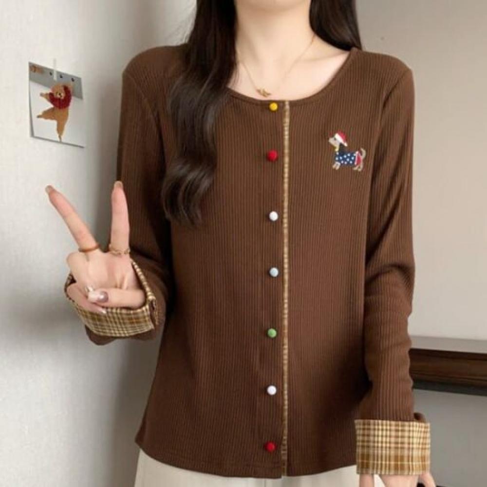Navava Women S Ribbed Dog Embroidery Point Long Sleeve Knit Cardigan Nk3206