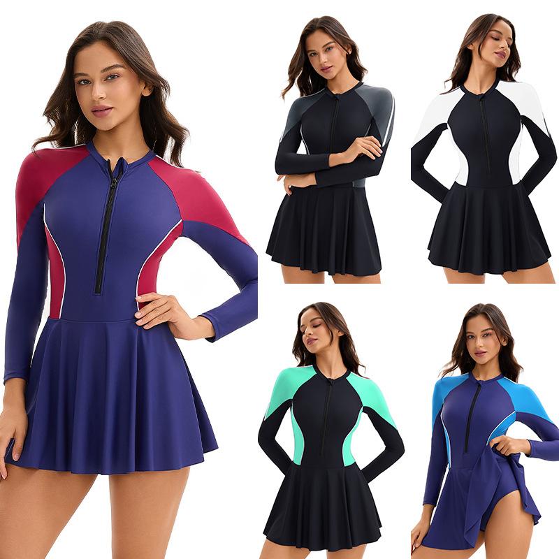 Conservative One-Piece Swimsuit Women's Color Matching Long Sleeve Sunscreen Surfing Suit Conservative Skirt Swimming Suit