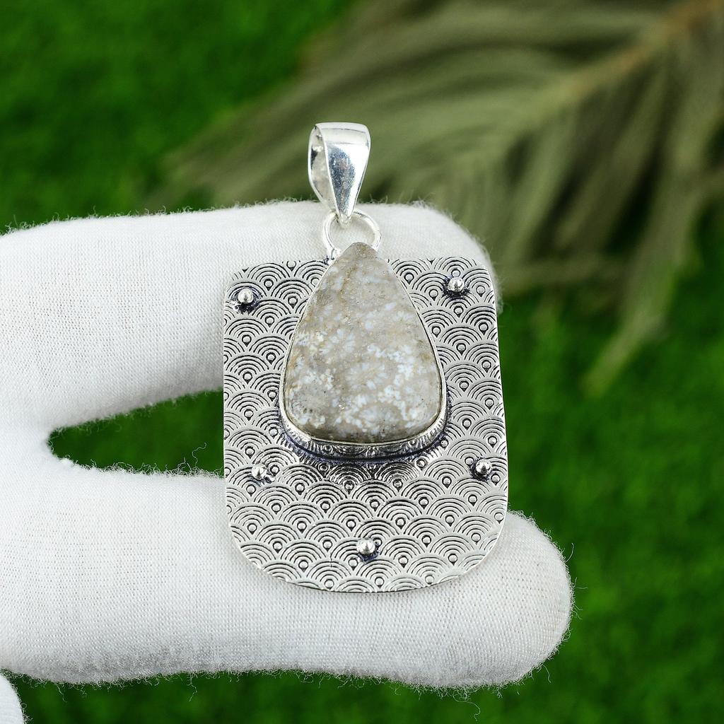 925 Sterling Silver Root Chakra Fossil Coral Gemstone Engagement Wife Pendant