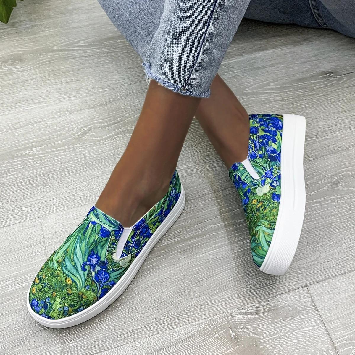 Женские туфли на плоской подошве с граффити, повседневные кроссовки с низким вырезом, женские холщовые туфли, женские дизайнерские лоферы большого размера с круглым носком 35 зелёный