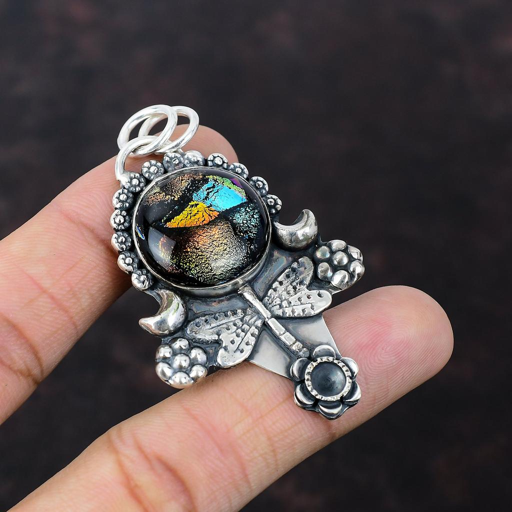 American Dichroic Glass Pendant Gemstone Jewelry 925 Sterling Silver Pendant Dragonfly Pendant Handmade Jewelry Gift For Him Antique Pendant