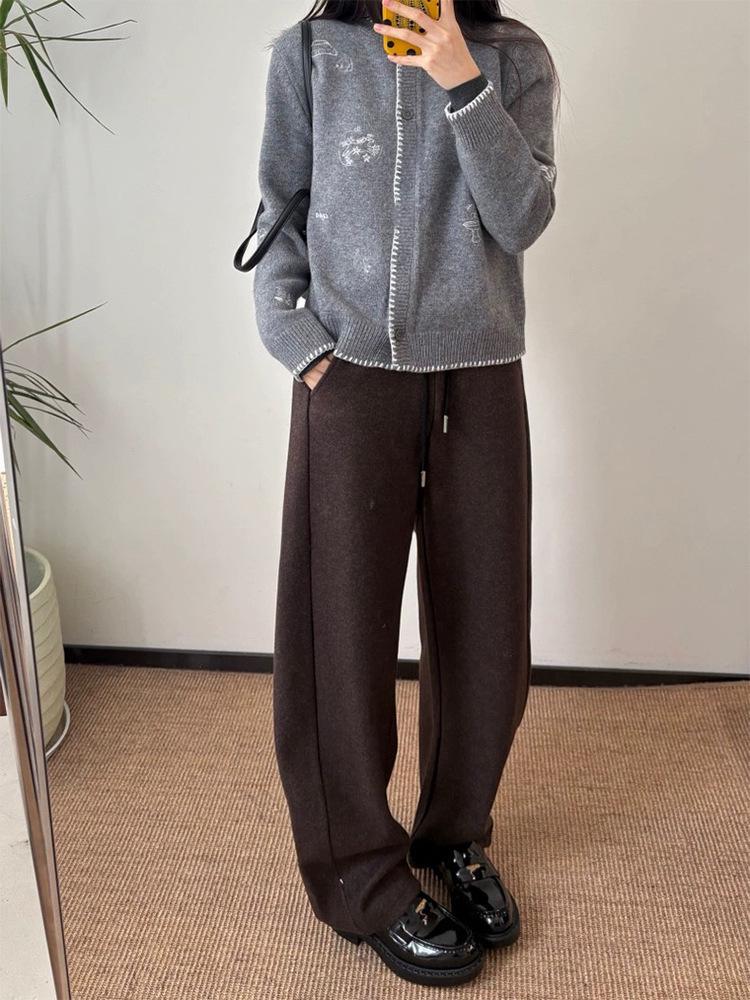 

Wen Jiu 2025 Winter High-Waisted Fleece Cropped Wide-Leg Pants Large коричневий