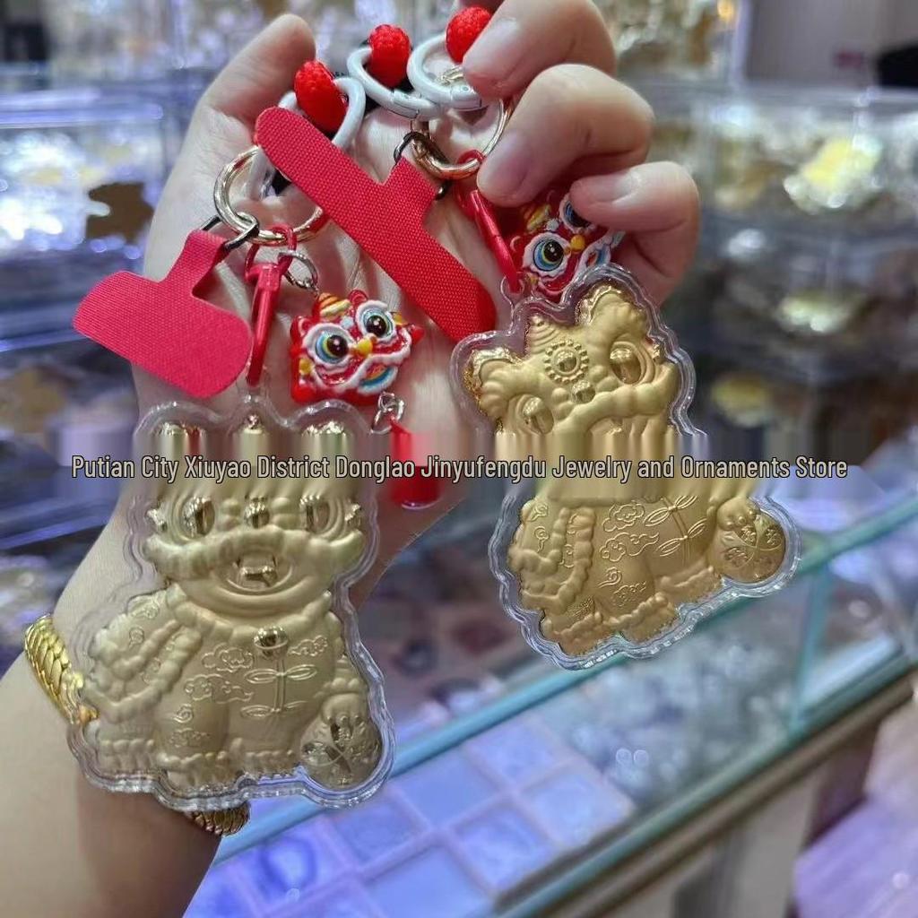 Chow Sang Sang Year of the Horse Gold Lion Dance Phone Chain with Keyring - Auspicious 999 Pure Gold Gift