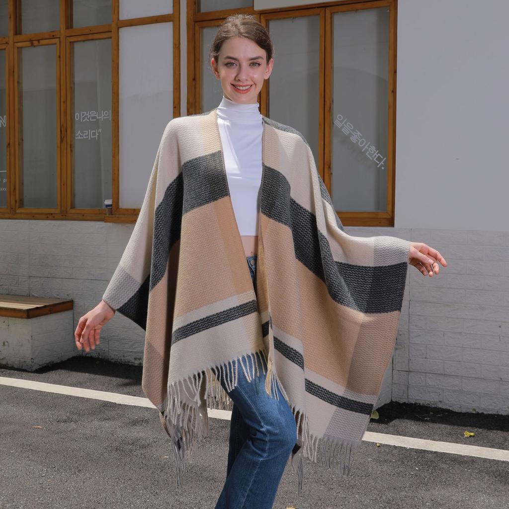 Foreign Trade, New Tassel Split Shawl Autumn and Winter Women's Simple Plaid Jacquard Scarf Cape