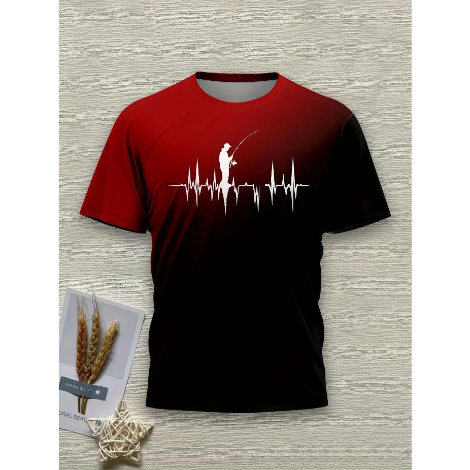 Vibrant Style| Big & Tall Men's Gradient Fishing Graphic Tee - Casual Polyester Short Sleeve, Summer Print with Heartbeat Fishing Gear, PLUS SIZE