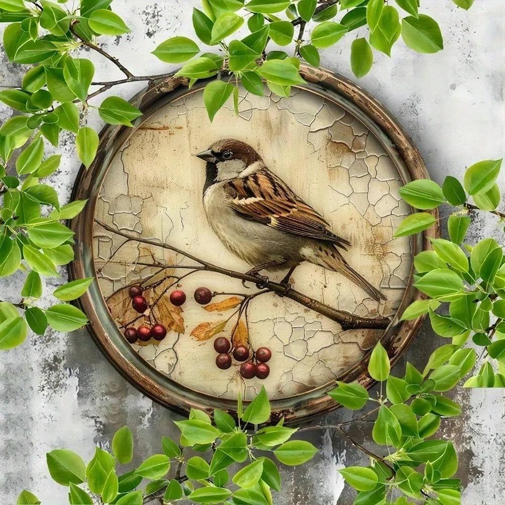 Vintage Cherry Blossom Bird Metal Round Tin Sign, Retro Aluminum Wall Art Kitchen Home Decor