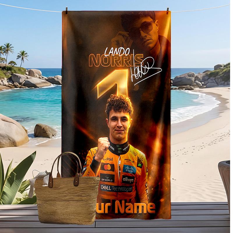Asciugamano da Spiaggia Personalizzato Lando Norris, Stampa il Tuo Nome Testo Asciugamano Leggero Assorbente per Nuoto Viaggio