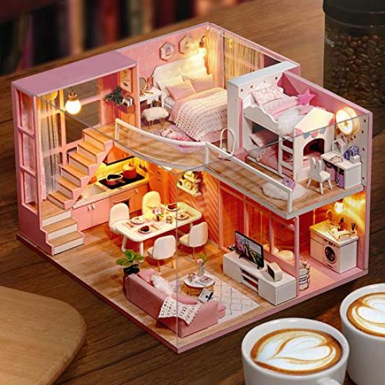 CUTEROOM DIY Wooden Dollhouse Kit with LED Lights & Music Box, Dustproof Cover, Furniture & Miniature Accessories Set, Handmade Miniature House, Gift