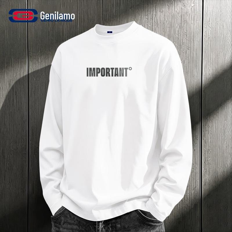 GENIOLAMODE Men's 220g Heavyweight Cotton Long-Sleeve Crewneck Tee