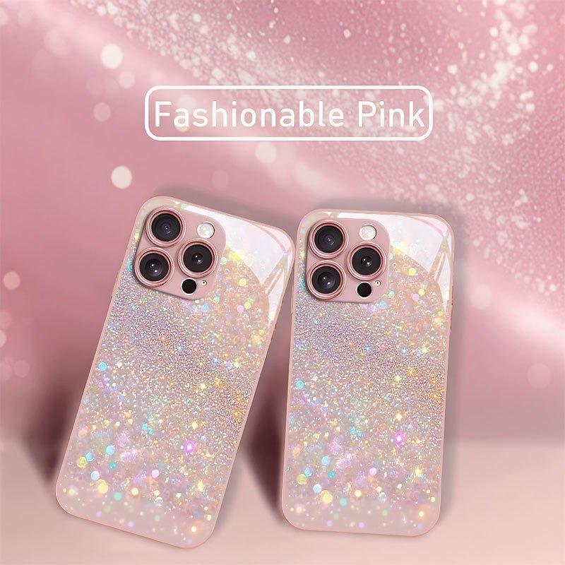 Dreamy Glitter Pattern Pink Metallic Tempered Glass Phone Case For iPhone 11 12 13 14 15 16 17 Pro Max 15 Plus 17 Air 16E Cover