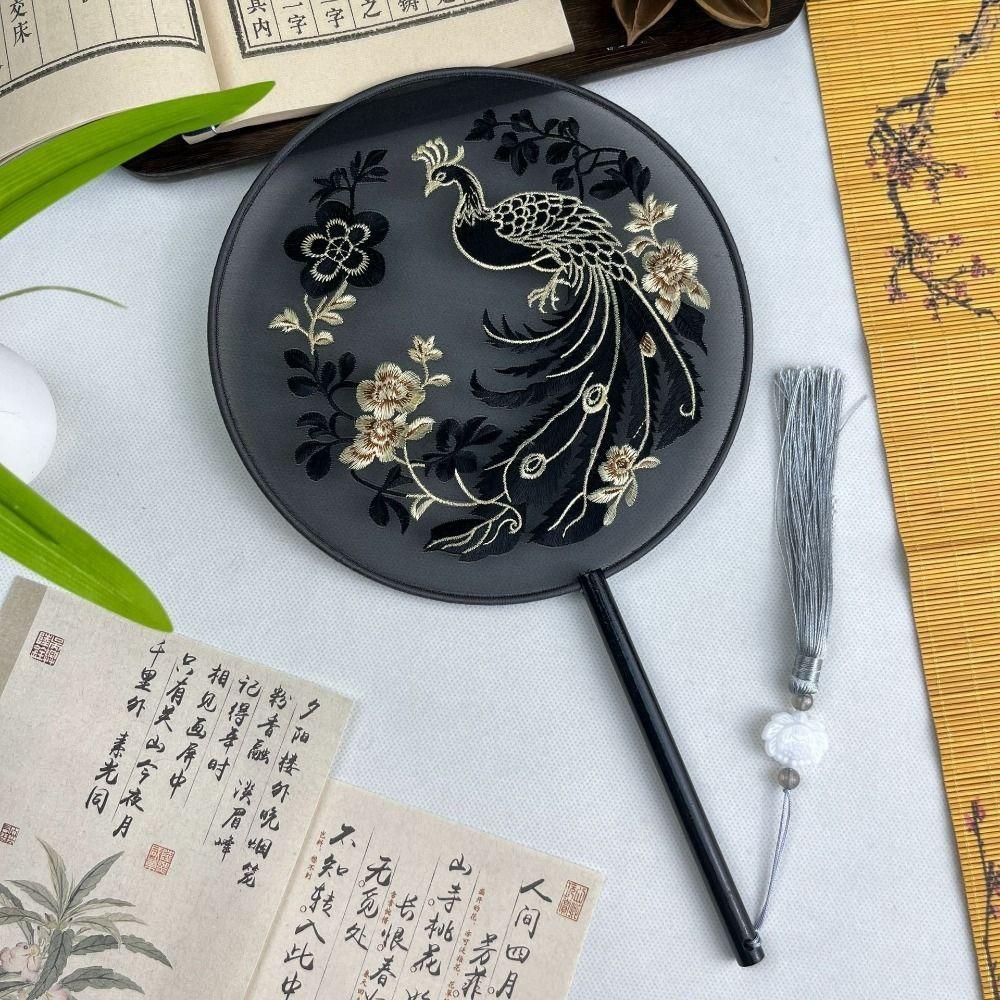 Semi-Transparent Embroidery Round Fan Chinese Style Vintage Hand Fan Dance Fan Wedding
