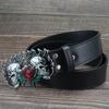 Drop shipping Flame Skull Rose Flower Pattern Buckle Fashion Belt Double Skull Head Heavy Metal Rock style
