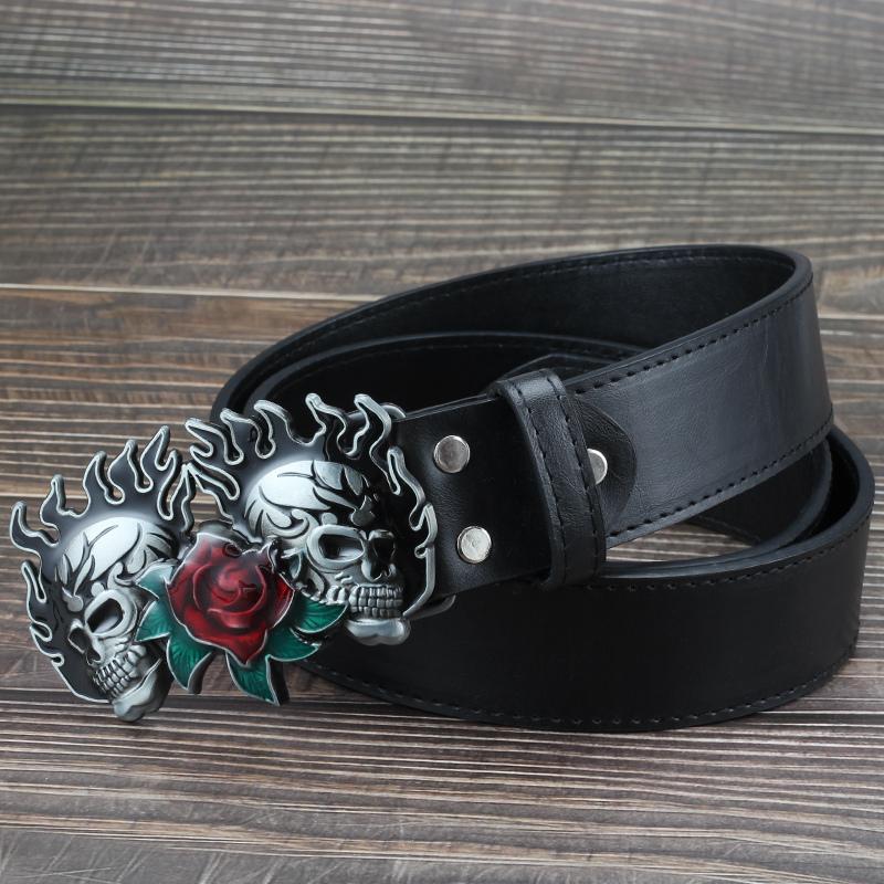 Drop shipping Flame Skull Rose Flower Pattern Buckle Fashion Belt Double Skull Head Heavy Metal Rock style