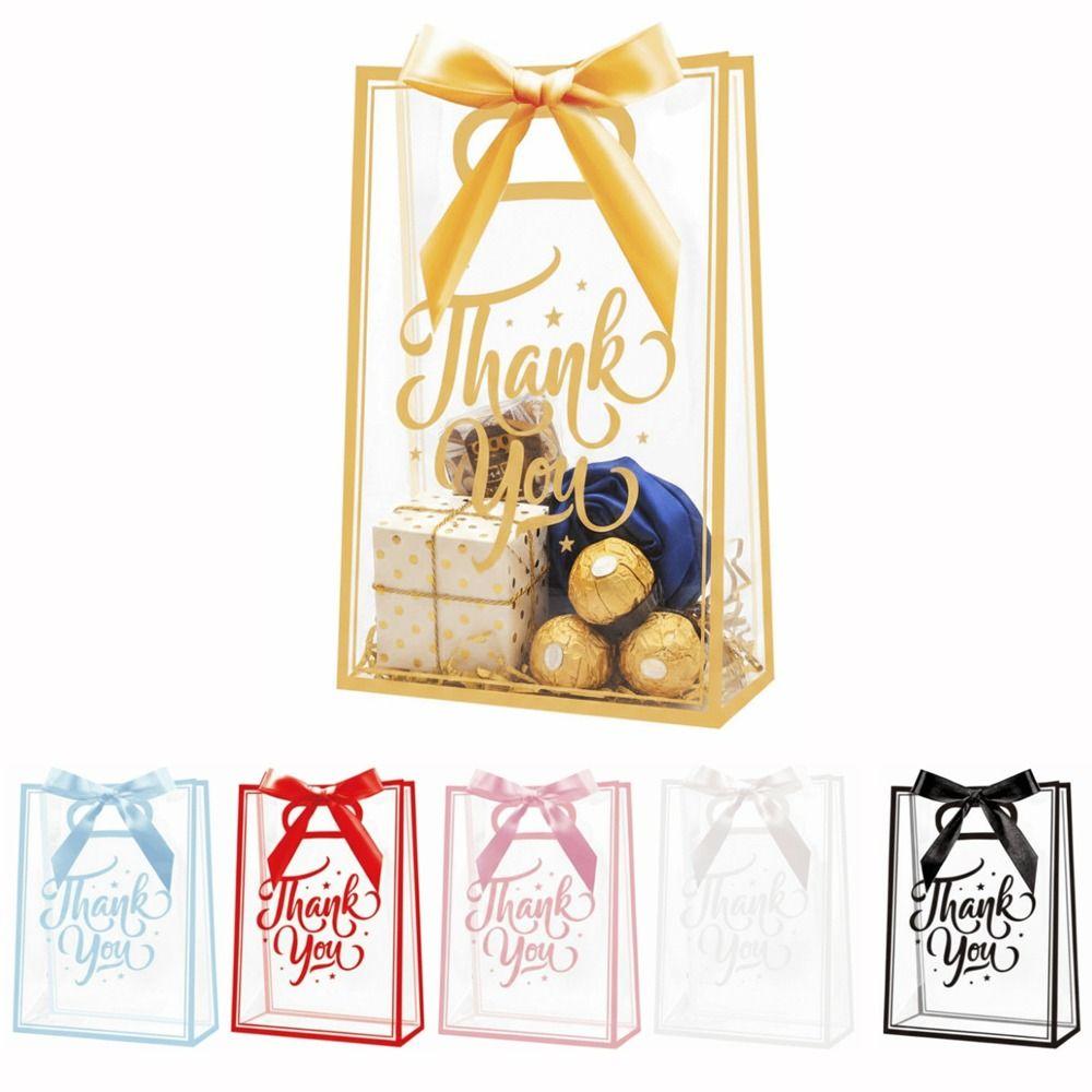 5Pcs Set Reusable Portable Favor Bag PVC Clear Gift Bag Die Cut Handles with Ribbon Flower Bag