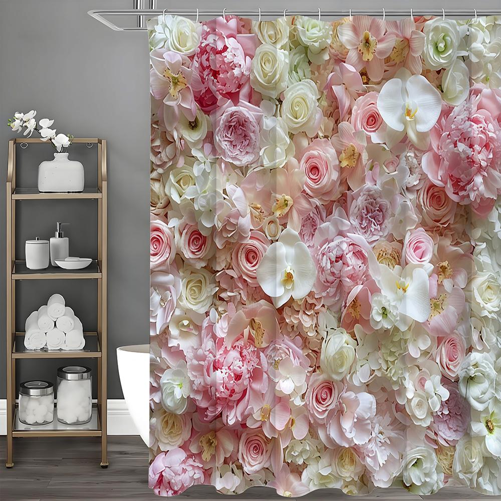 Romantic Floral Shower Curtain Pink White Roses Peonies Orchids Bathroom Decor Elegant Flower Pattern Home Style