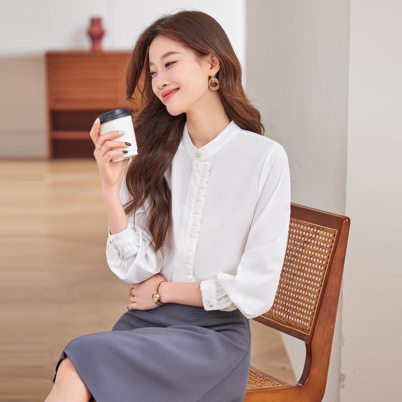 Women's Faux Acetate Satin Ruffle Stand-Collar Blouse