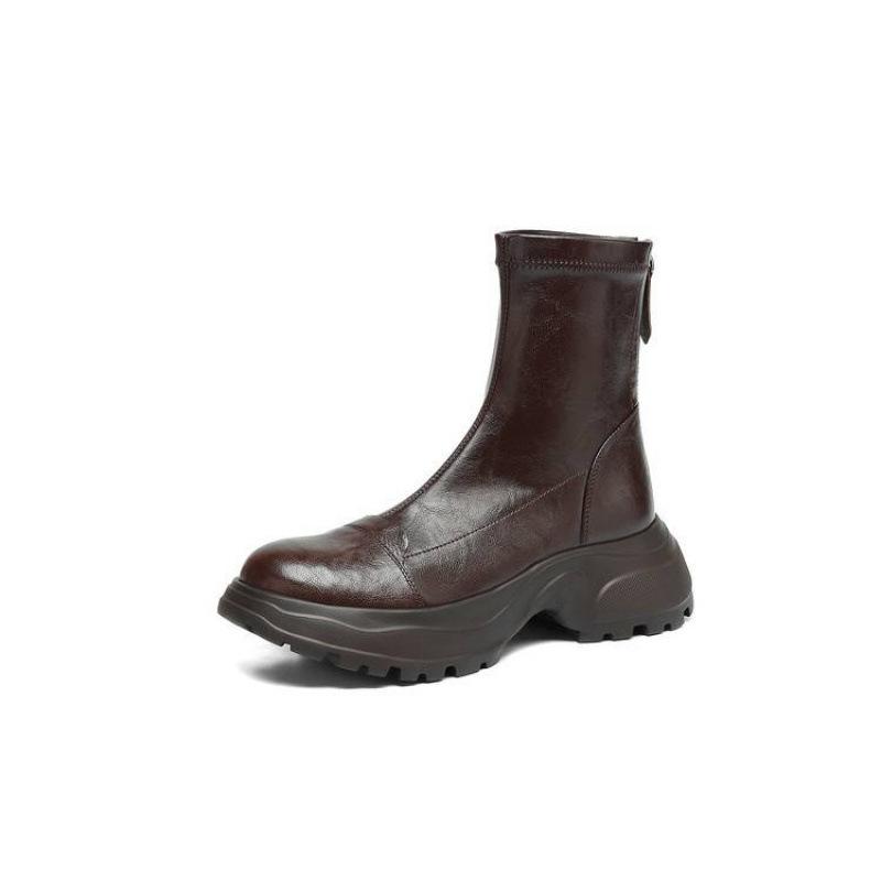 Autumn and winter women's leather boots solid color medium heel round head versatile large size women's boots genuine leather medium boots sheepskin 