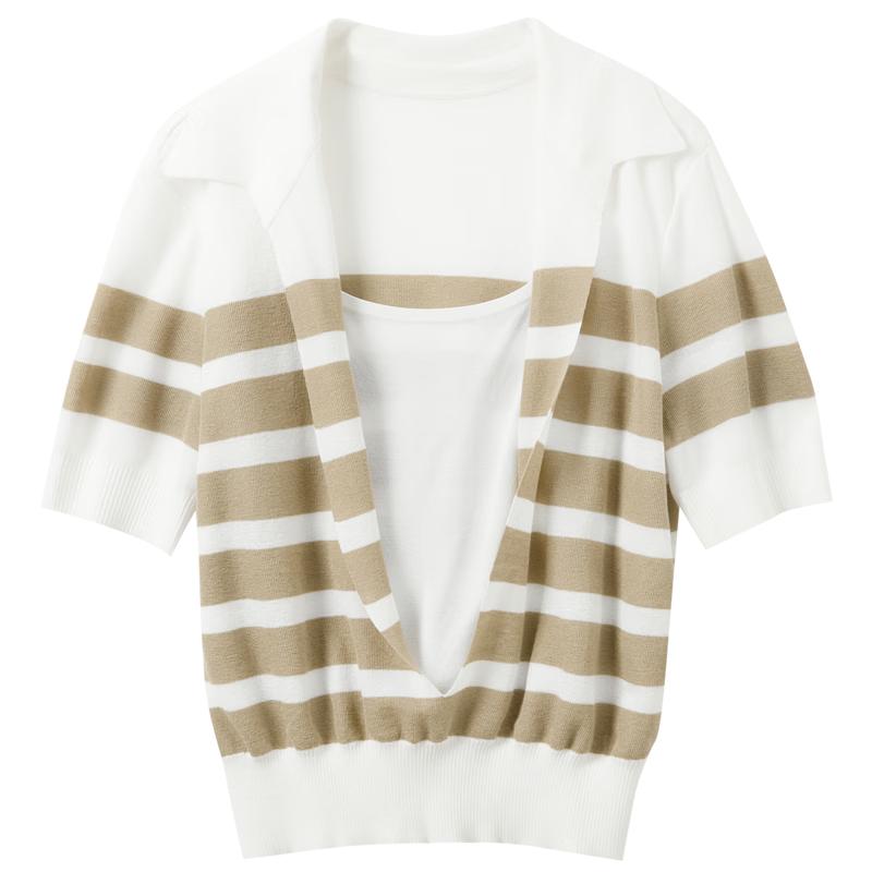 Sancai Women s Striped Faux Two-Piece Short-Sleeve Knit Top M