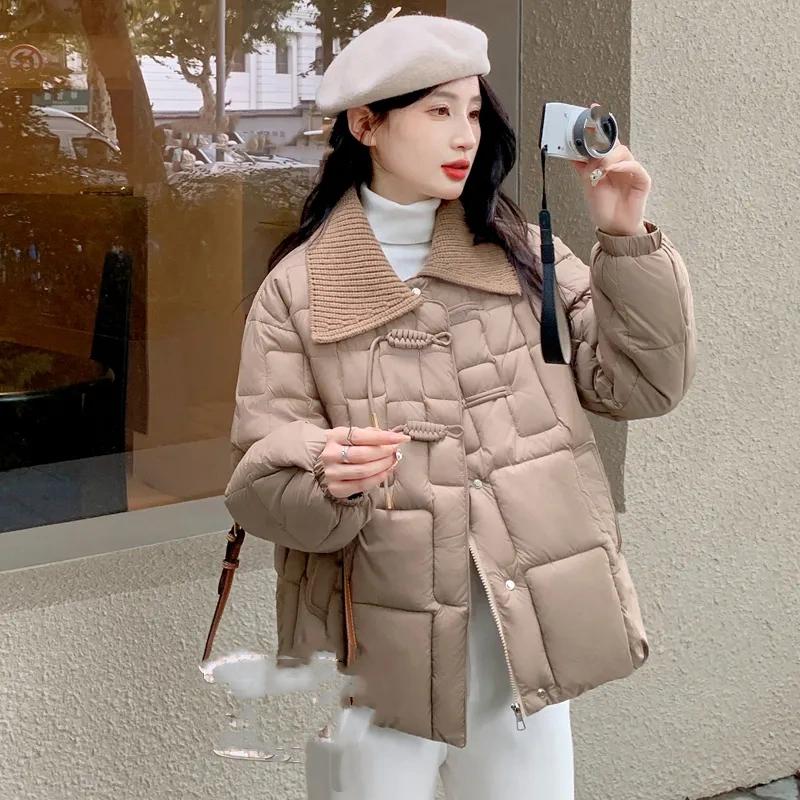 Fasjonabel bomullsjakke i vestlig stil med stor krage for damer, liten jakke med kinesiske knapper