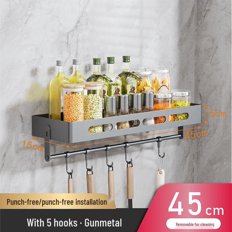 Charlotte Gunmetal Grey Wall-Mounted Kitchen Storage Rack with Seasoning Jar Organizer, Punch-Free