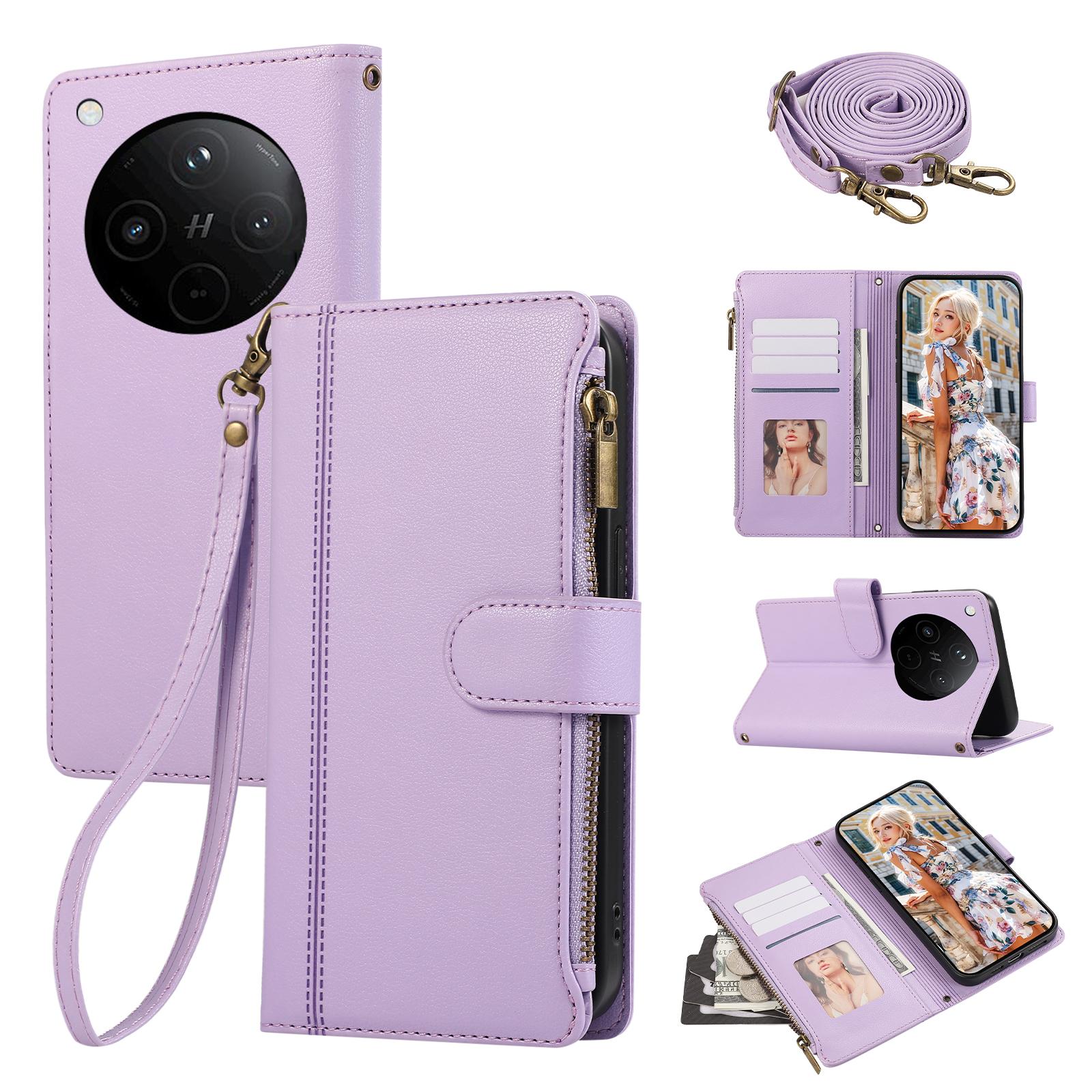 

For Oppo Find X8 5G Case Multi Card Slots Zipper Leather Phone Cover with Shoulder Strap/Wrist Strap Purple