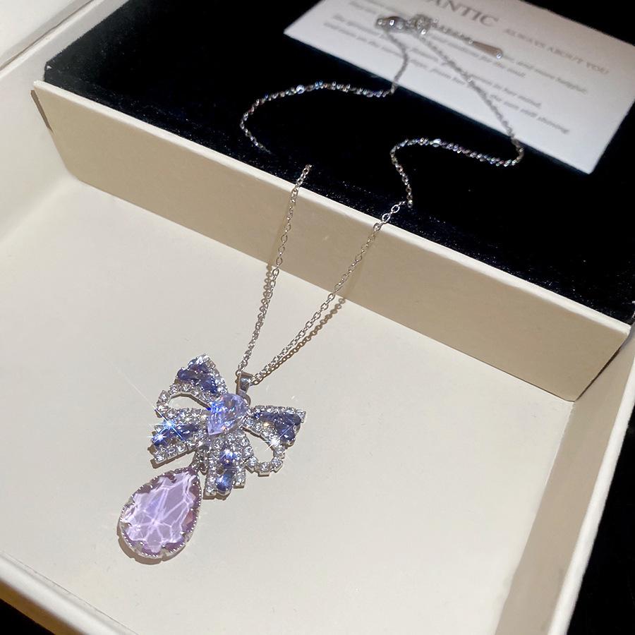 Elegant French Cubic Zirconia Bow Earrings and Necklace Set