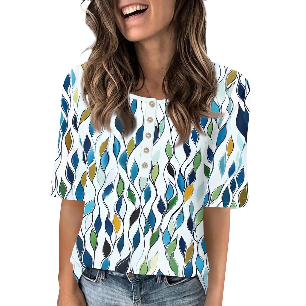 Shirts For Women Trendy Round Neck Button T Shirts Printed  Blouse Half Sleeve Tops For Women