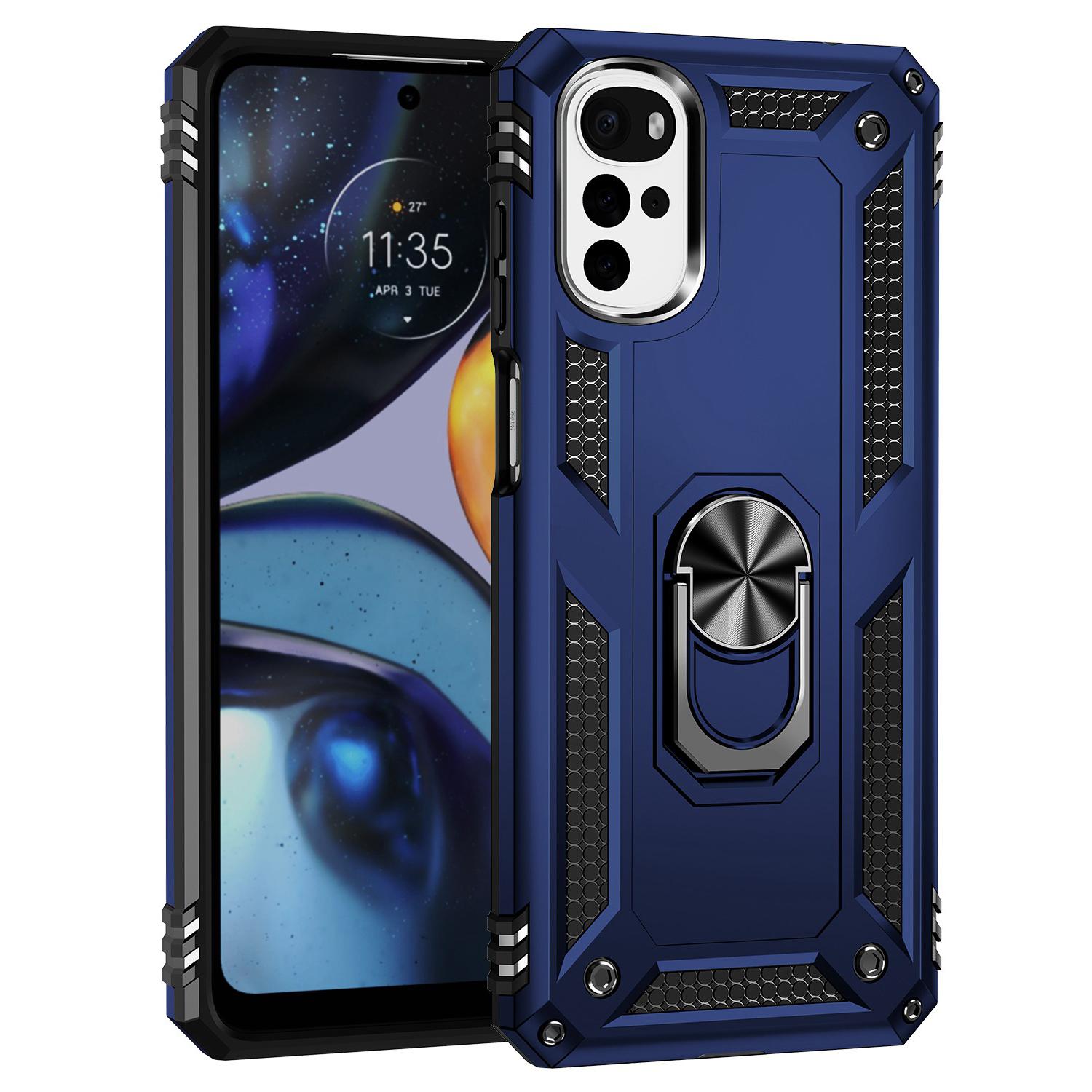

For Motorola Moto G22 (2022) Ring Holder Kickstand Shockproof Case Soft TPU Hard PC Back Dual Layer Protective Phone Cover Blue