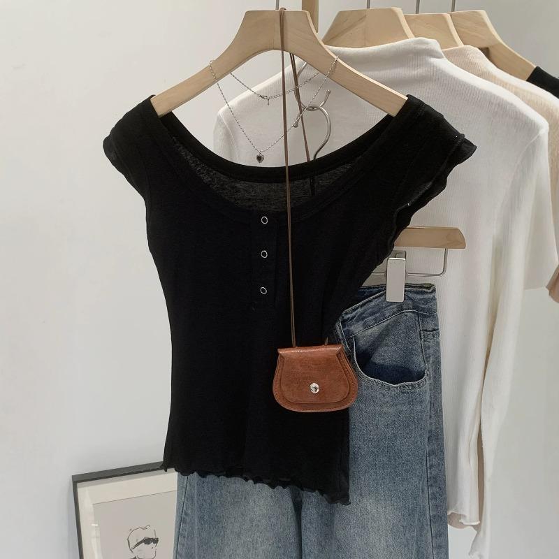 Dopamine Pink Crew Neck Small Fly Sleeve Short Sleeve T-Shirt Women's Summer New Korean Design Slim Skinny Top