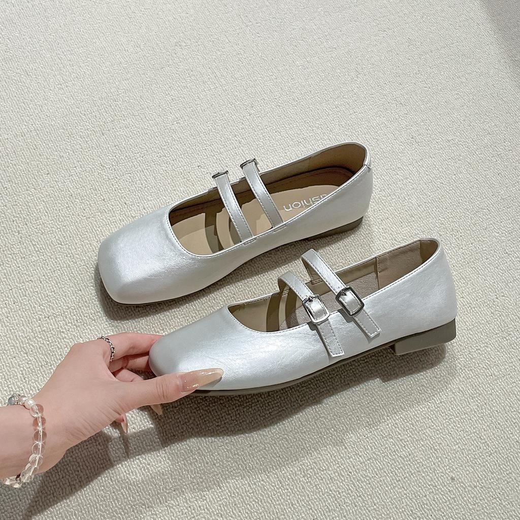 Silver Square Head French Flat Bottom Light Mouth Inner Height Increase Single Shoes Women's Summer 2025 New with Skirt Retro Mary Jane Shoes
