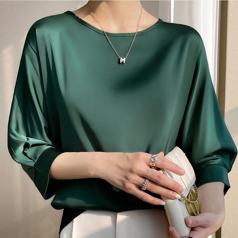 In Summer Satin Silk Half-Sleeve Tee Tops Basic Solid Women‘s T-Shirt Casual O-neck Thin Shirts Ladies Loose Blouses