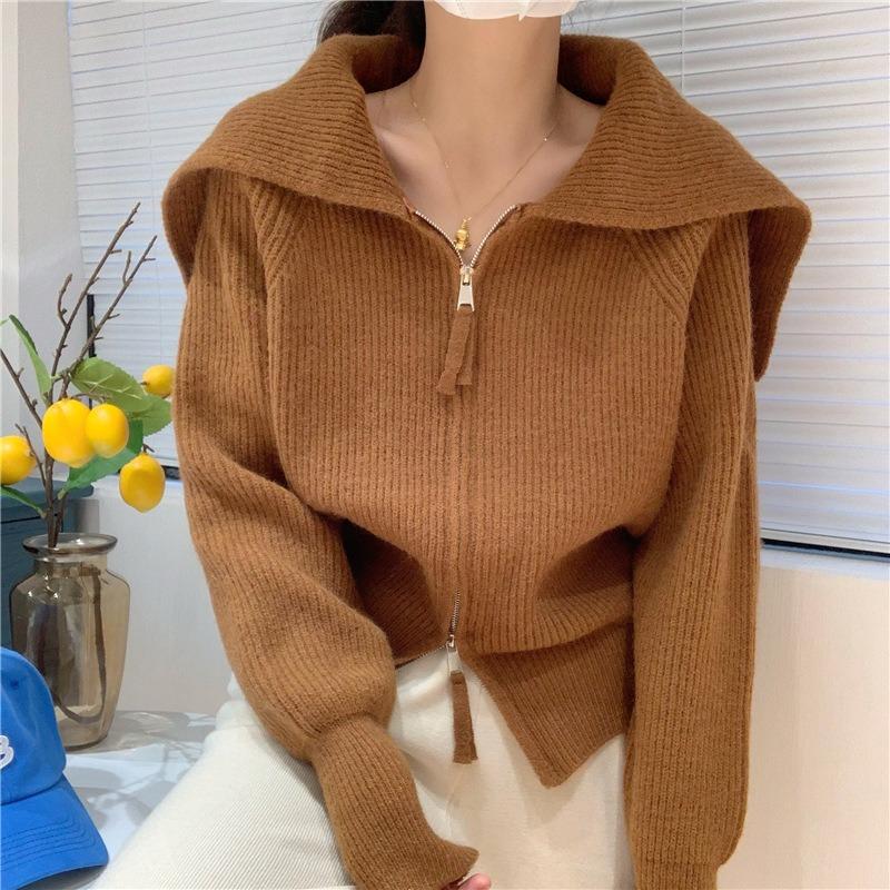 Navy collar zipper sweater jacket cardigan women's autumn and winter clothing gentle wind wear loose lazy wind top tide