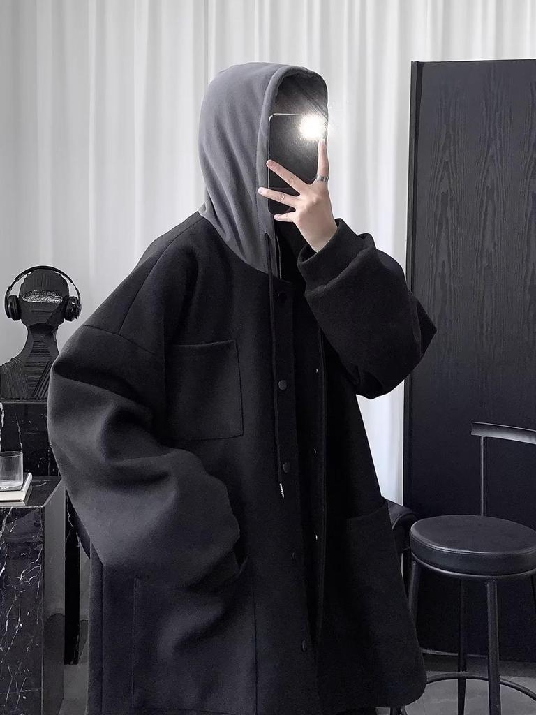 Men's British Style Hooded Wool Trench Coat, Mid-Length, Thick Cotton, Over-the-Knee Winter Jacket