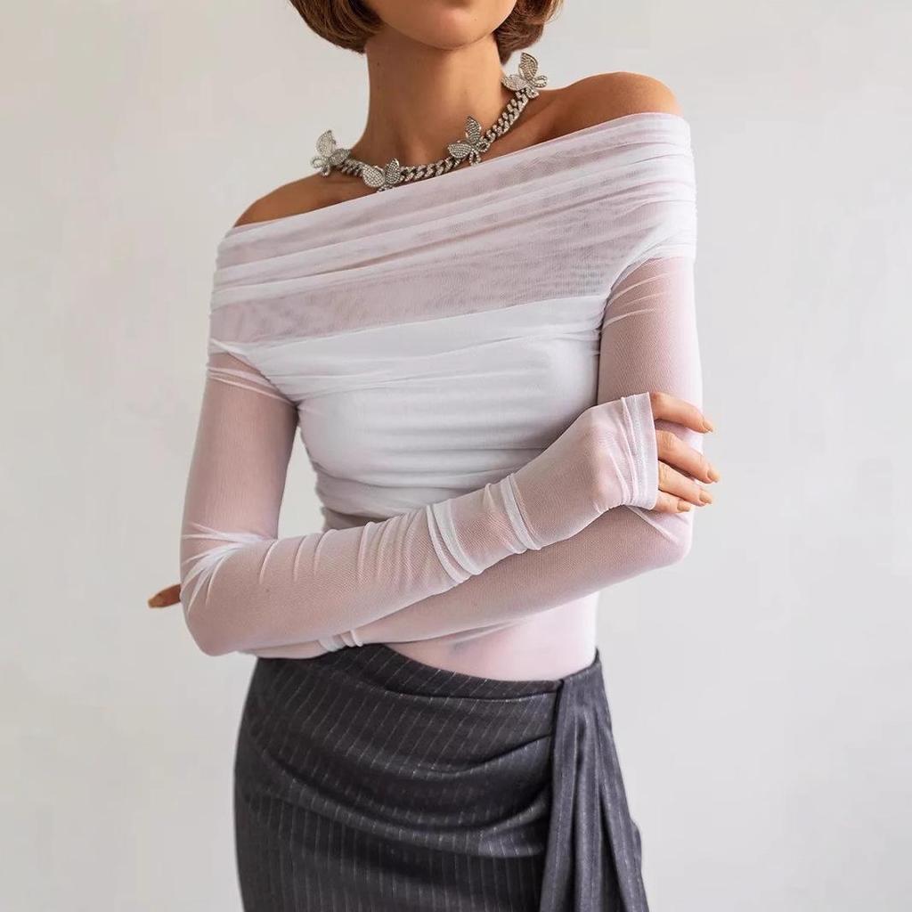 European & American Women's Fashion Autumn/Winter One-Shoulder Sexy Mesh Long-Sleeve T-Shirt