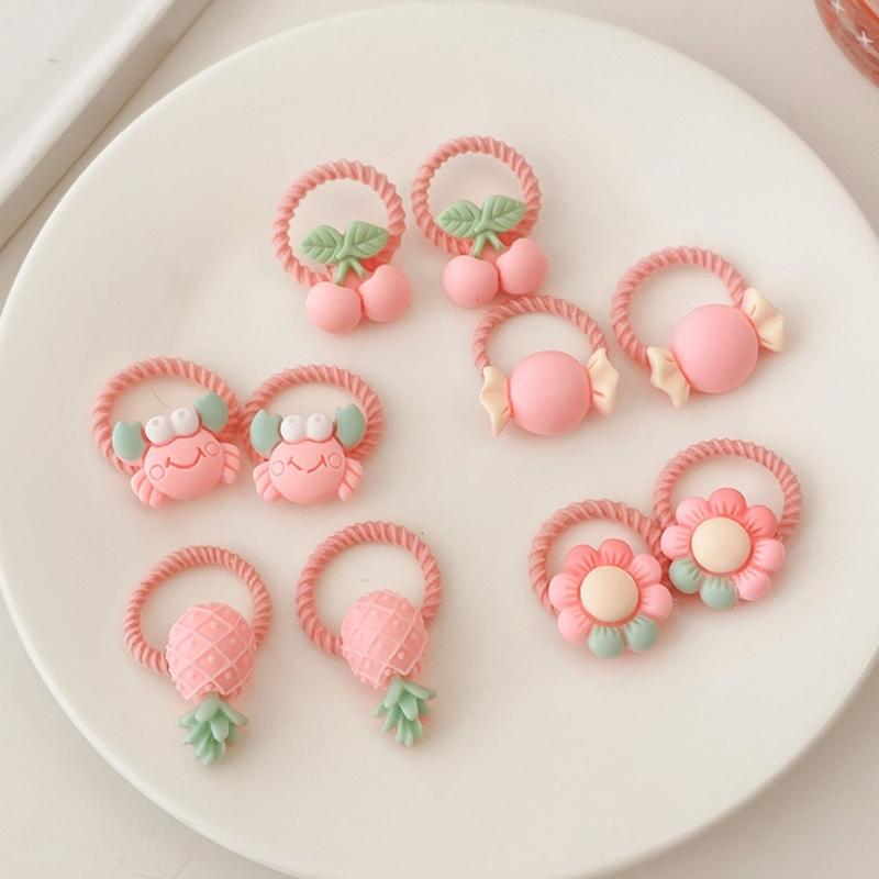 Pack of 10 Cartoon Hair Ties with Fruit/Flower Theme Designs for Little Girl and Children Sprinig Hair Styling Hairband