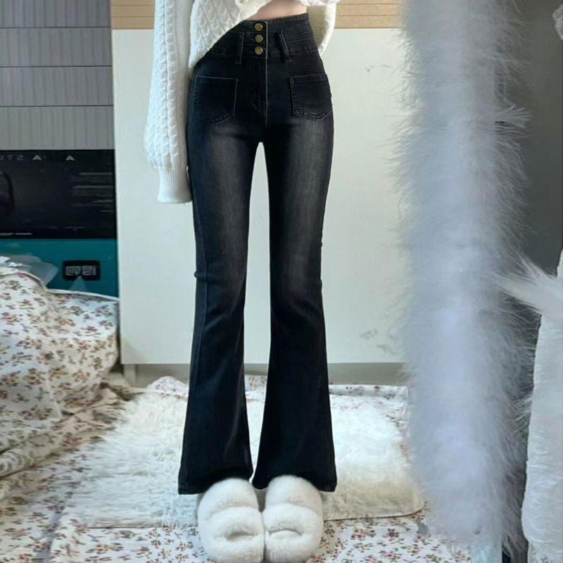 

Женские джинсы больших размеров с высокой посадкой, черные, с широкими штанинами - Весенне-осенние утягивающие эластичные брюки микроклеш Double Extra Large