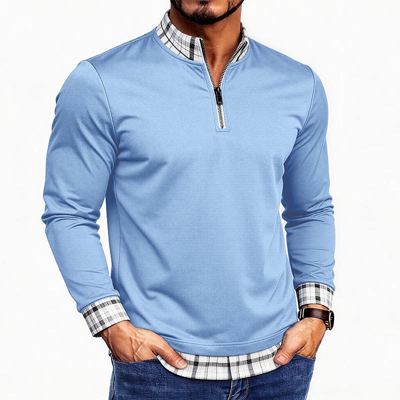 Men Casual 1/3 Zip Mock Neck Long Sleeve Shirt Loose Fit Plaid Patchwork Sportswear Layered Look Pullover Top L