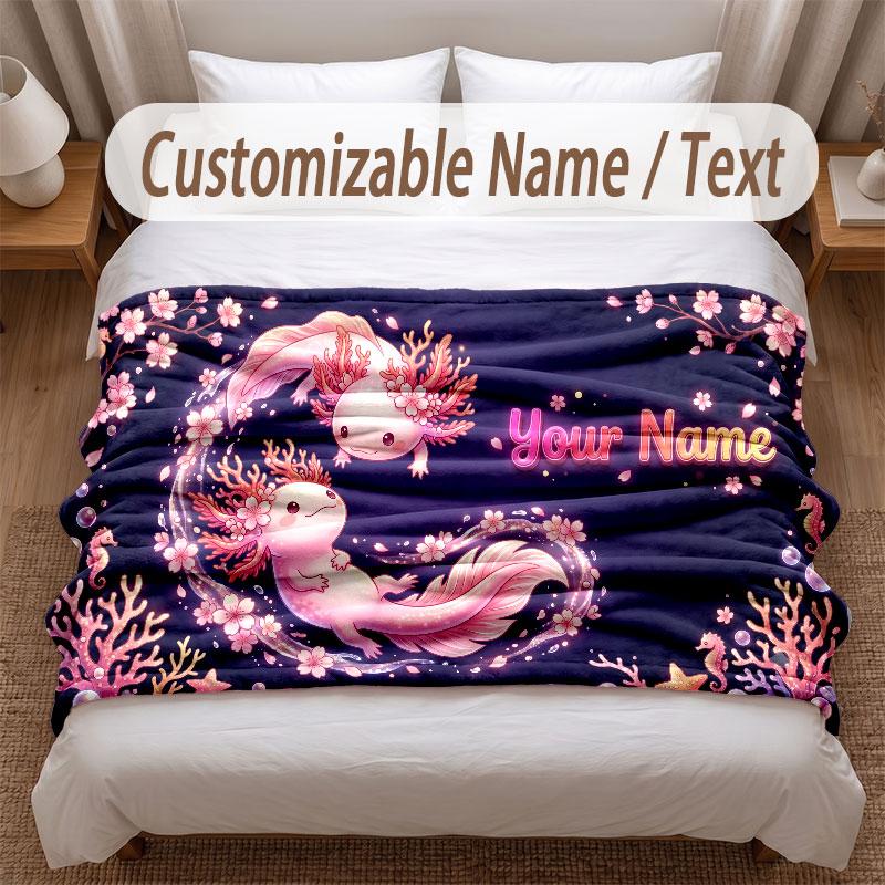Axolotl Theme Soft Blanket Personalized Custom Name Text Print Warm Blanket Home Sofa Bedroom Decor