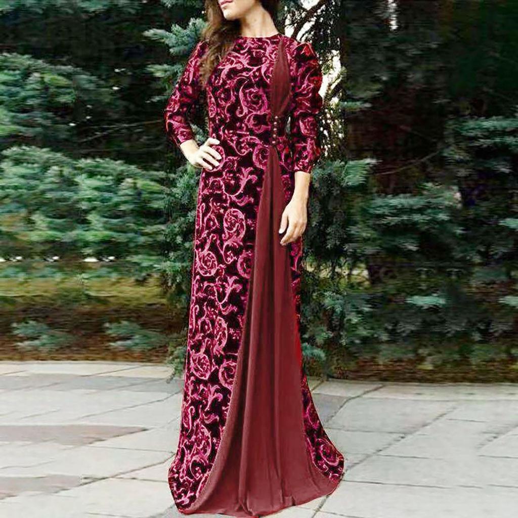 Women Dubai Arabian Floral Print Long Dress Muslim Dress Islamic Long Dress