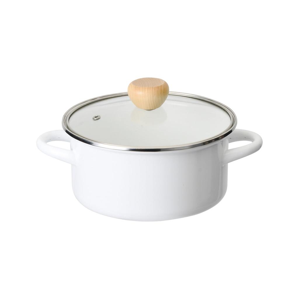 Pearl Metal 18cm Enamel Casserole Pot with Glass Lid, IH Compatible, White, Amulet HB-4889