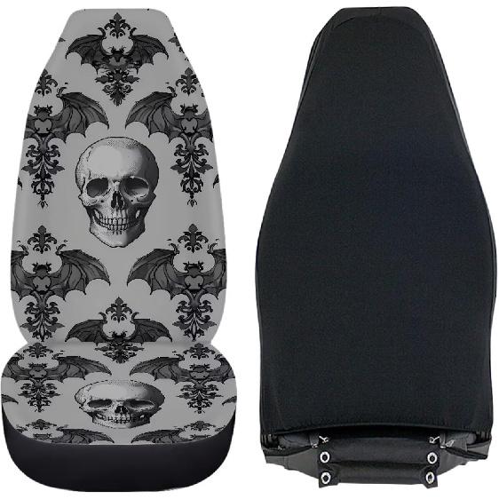 Gothic Skull Car Seat Covers Highback Bucket Seat Cover Universal Front Bucket Seat Cover,2pcs Universal Fit, Halloween Bat Auto Accessories