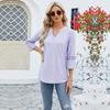 Spring and Summer Women's T-shirt V-neck Lace Seven-quarter Sleeve Jacquard Loose Long-sleeved Tops