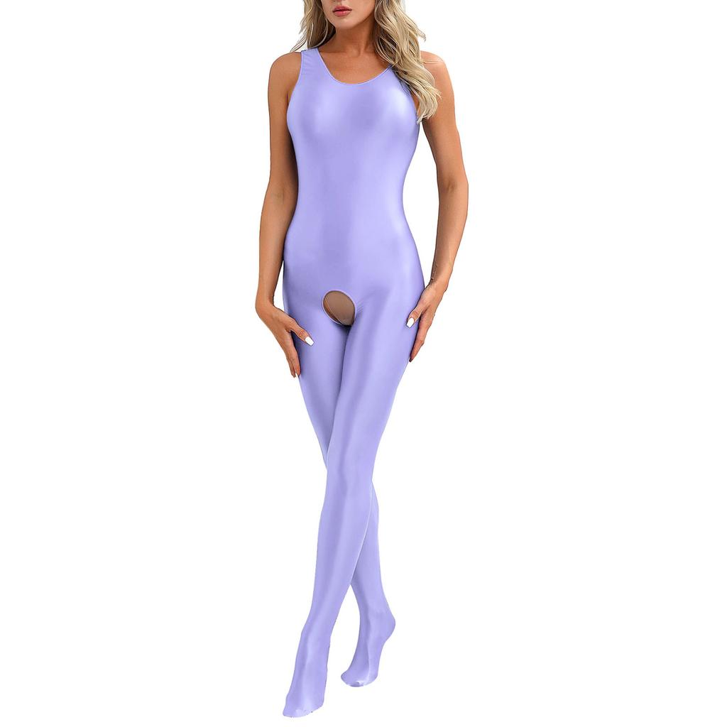 Womens Solid Color Full Body Bodysuit U Neck Sleeveless Footed Hole Jumpsuits Glossy Stretchy Unitard Bodysuits