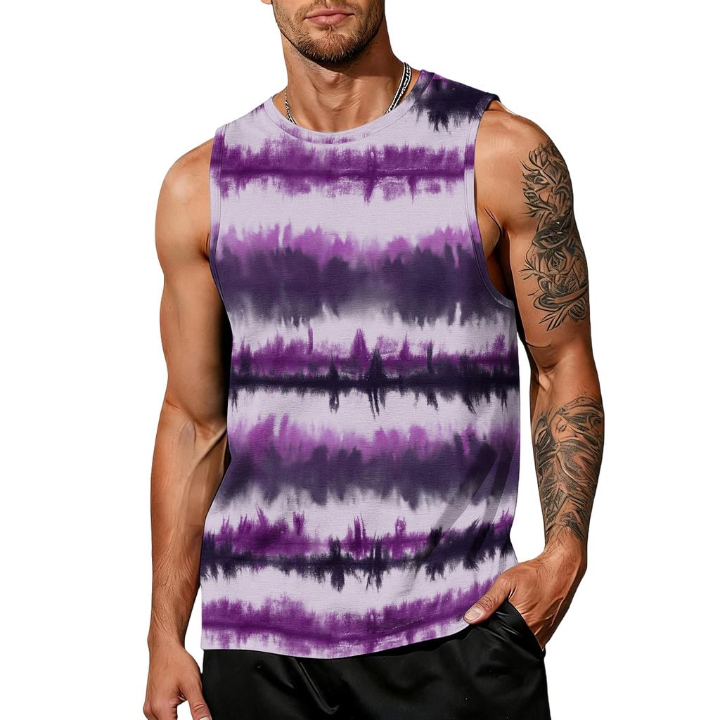 Mens Sleeveless Tie Dye Print Tank Top Crew Neck Casual Loose Fit Muscle Shirt for Summer Gym Workout Beachwear
